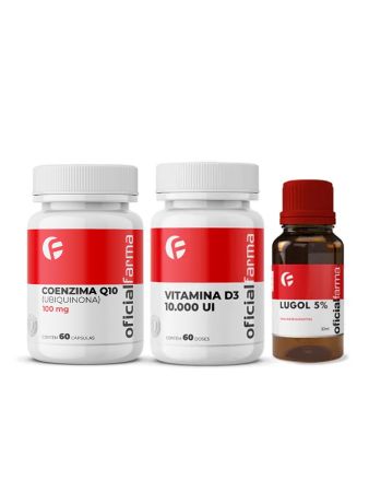 Vitamina D3 10.000UI 60 Doses + Lugol 5% Iodo 30mL + Coenzima Q10 100mg 60 Cápsulas